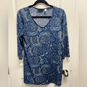 Susan Graver Liquid Knit Paisley Tunic Top Blue 3/4 Sleeve Small